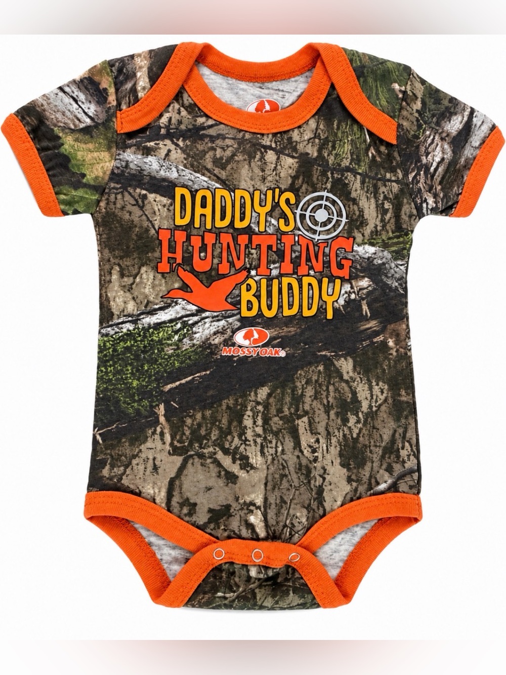 Mossy Oak Baby Boys "Daddy's Hunting Buddy" Camo One-Piece Orange Trim 12-18 mo